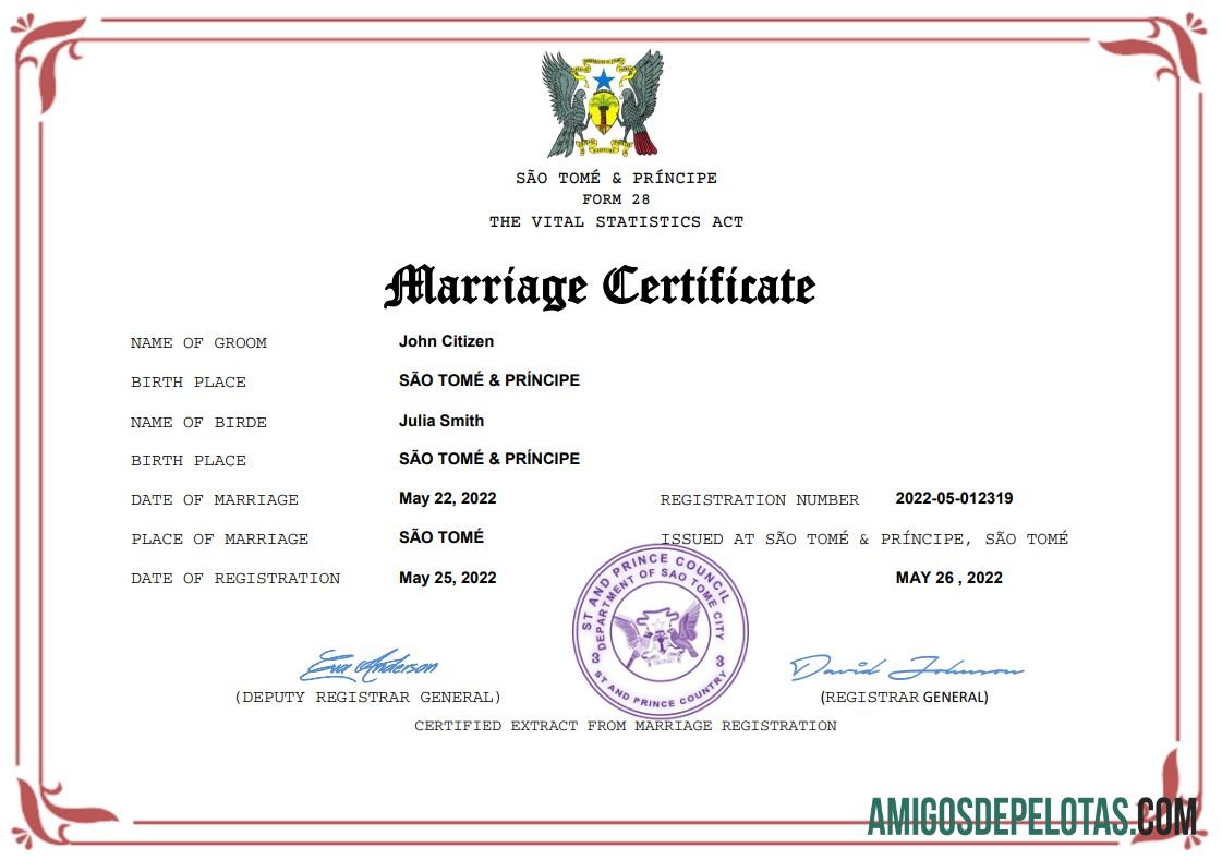 Realista modelo Word e PDF de certidão de casamento de São Tomé e Príncipe